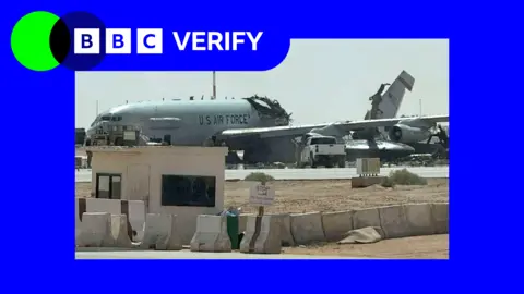 A grey USAF E-3 Awacs plane which has been torn in two after a reported Iranian attack at an air base in Saudi Arabia