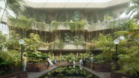 PA Media People sit in by an indoor leafy pond in an artist's impression of the Barbican conservatory. 