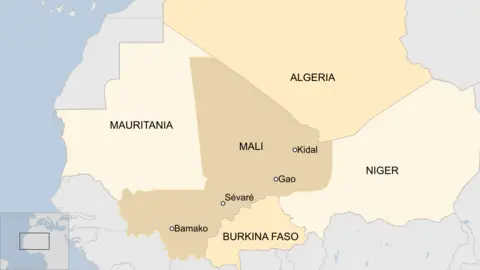 A map showing the locations of Bamako, Sevare, Kidal and Gao in Mali, as well as neighbouring Burkina Faso, Niger, Algeria and Mauritania.