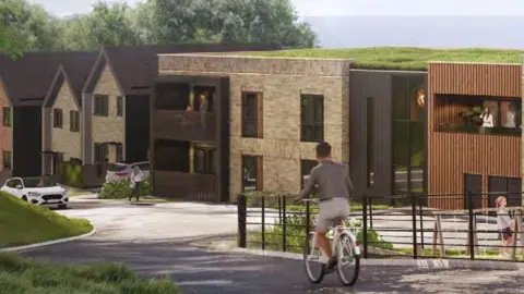 A illustration of plans for the housing development for an area in Torquay. There is a person cycling in the centre and buildings/houses in the background. 