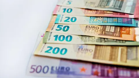 Getty Images Euro notes ranging in value from 5 euro to 500 euro. They are laid out, layered on top of each other.