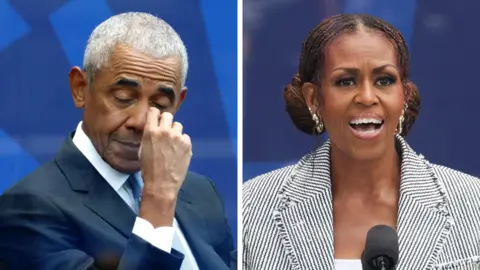 A composite image of Barack Obama wiping away a tear and Michelle Obama giving a speech at the opening of the Obama Presidential Center, in Chicago, Illinois, U.S., June 18, 2026.