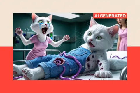 'Sprung Nexus' YouTube account An AI-generated cartoon of a cat on a hospital bed; over it, another cat looks on in horror