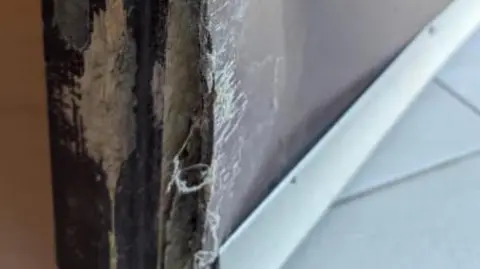 Clare Earley A damaged door with a silver metal bar along the bottom. 
Visible damage is seen to the side and front of the door. 