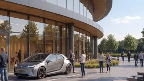 Bicester Motion CGI of a building with large glass walls, a car outside and people walking around inside and outside