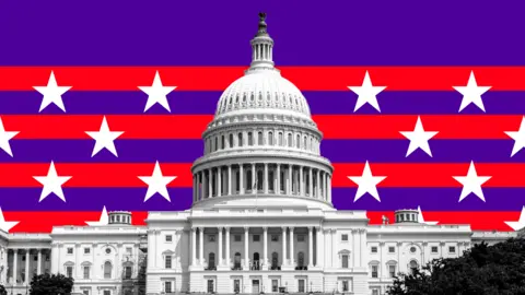 BBC Graphic of US Capitol building in front of red and purple striped design