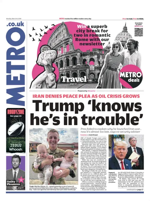 "Trump 'knows he's in trouble'," reads the headline on the front page of Metro.