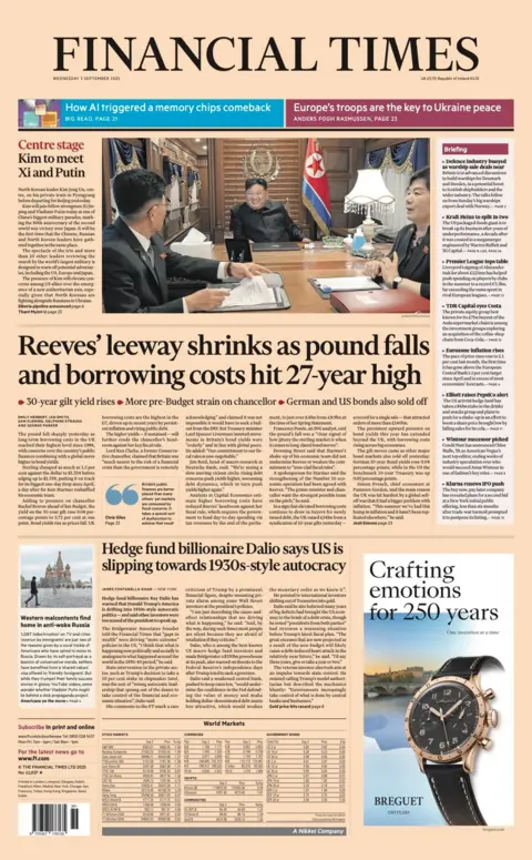 The headline on the front page of the Financial Times reads: "Reeves' leeway shrinks as pound falls and borrowing costs hit 27-year high".