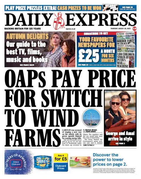 The headline on the front page of the Daily Express reads: "OAPs pay price for switch to wind farms".