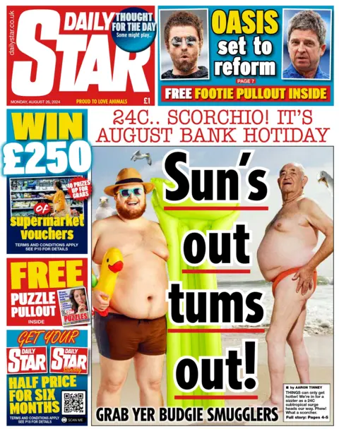 And the Daily Star suggests the 24C temperatures  anticipated in parts of the UK on Bank Holiday Monday is the perfect time to don the sunglasses and 