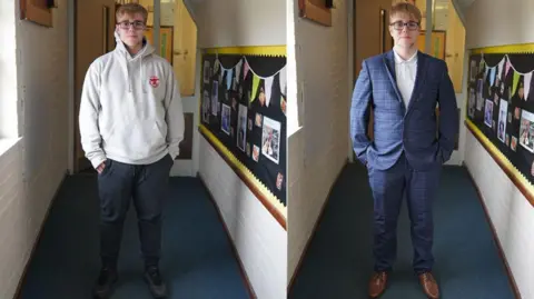 Kieran stood in a hallway in school uniform and then in a suit