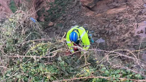 Beer Coastguard Rescue Team A man in a high vis jacket and blue helmet is seen from above making his way down a cliff. Above him is brambled bushes and below a rocky beach. 