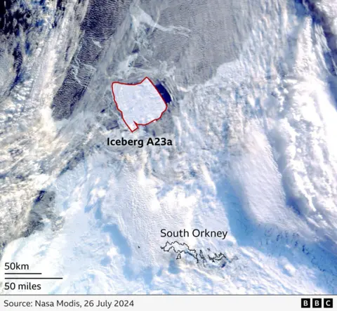 Satellite image of the A23a north of South Orkney