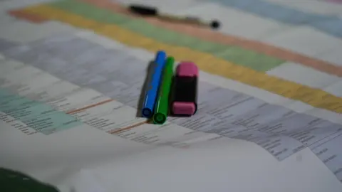 Anachitis Sachdev/BBC detailed schedule prepared by Angel to trace her cash trail. In addition, there are three marker handles in blue, green and pink. 