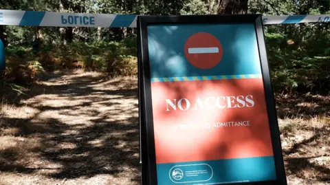 John Fairhall/BBC Large double board saying "No Access" with a stop sign in red.
The board has ben placed on the ground which is a dry grass path in a very shady area. Trees are either side of the path and a police no entry tape is across the path.
