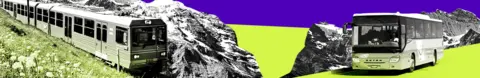 Banner with purple and green colours. There's an image of a train on one side and a bus on the other. 