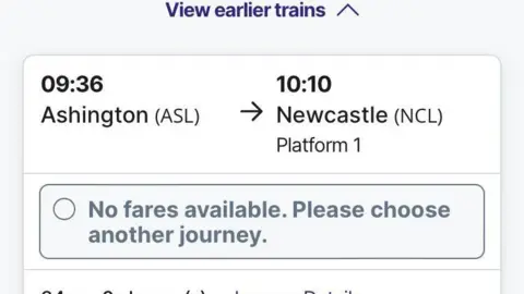 A screenshot of a train journey, as shown on the Network Rail website, with an 09:36 departure from Ashington arriving in Newcastle at 10:00. It also reveals: "No fares available. Please choose another journey."