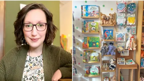 Erica Stahl A composite image: A selfie of a woman, smiling, with shoulder-length brown hair, dark glasses, a green cardigan and a floral green and white top, sat inside a room with walls painted green; A display of soft toys, books and bibs in a gift shop