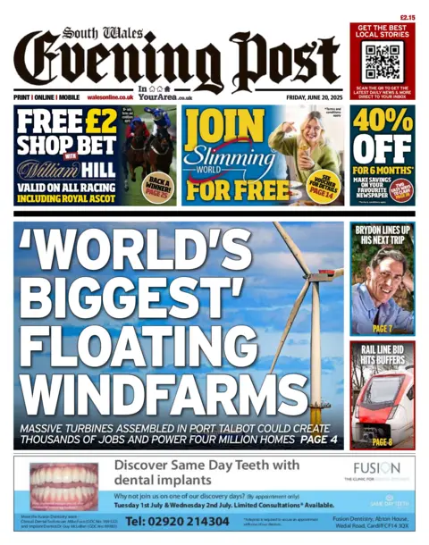 South Wales Evening Post Front page of the South Wales Evening Post with the splash headline "'World's biggest' floating windfarms". Above it is a coupon for William Hill betting and a Slimming World advert and below is an advert for Fusion dentistry. To the right are two boxes with the headlines "Brydon lines up his next trip" and "Rail line bid hits buffers".