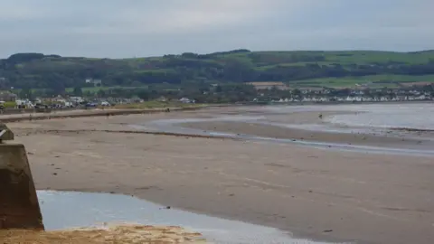 Ayr beach - a large expanse of sand, a grey sea. Green hill in the background and grey sky. 
