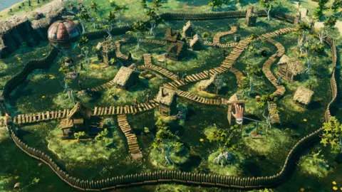 22cans An in-game screenshot of Masters of Albion. We see a virds eye view of a town in the green countryside, with a barrier built around it. A hand cursor is hovering over the scene.