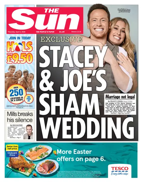 The headline on the front page of the Sun reads: "Stacey and Joe's sham wedding."