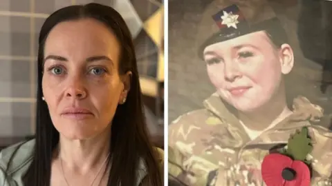 A composite image of a woman with long brown hair, staring solemnly at camera, beside her is a photograph of a young girl in a camo cadets uniform, with a hat and poppy 