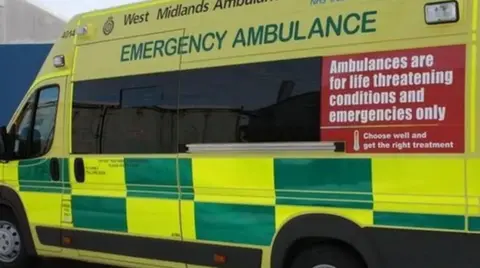 WMAS The side of a yellow ambulance with a green square pattern on it