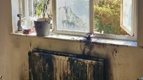A living room that has been left fire and smoke damaged. A burned radiator is under a windowsill, that has four items on it, including an ET figure, a glass spherical ornament, a plant pot with a green plant in it and a dish. Two windows are open and foliage is outside. The walls are cream but burned and damaged. 