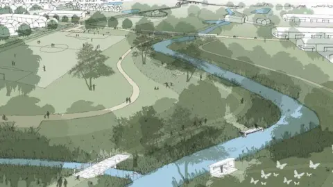 Nvb Architects An artist's impression of the country park which is part of the plans for 1,700 new homes outside Frome. The drawing includes a football pitch and footpath alongside a river. In the background are the planned houses.