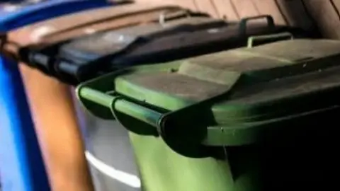 A set of different coloured wheelie bins lined up with a green one, grey, then orange and blue in the background.