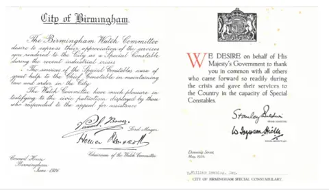 Morganfourman.com Two certificates. On the left one reads: The Birmingham Watch Committee desire to express their appreciation of the services you rendered to the city as a special constable during the recent industrial crisis. The services of the special constables were of great help to the chief constable in maintaining law and order in the city. On the right it reads: We desire on behalf of His Majesty's Government to thank you in common with all others who came forward so readily during the crisis and gave their services to the country in the capacity of special constable. 