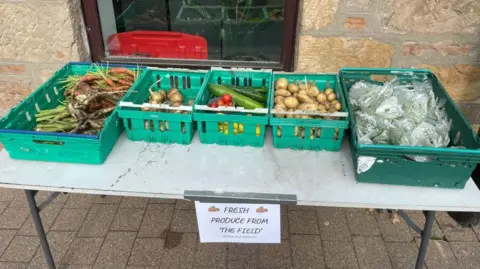 The Place Produce grown at The Field in boxes on a table