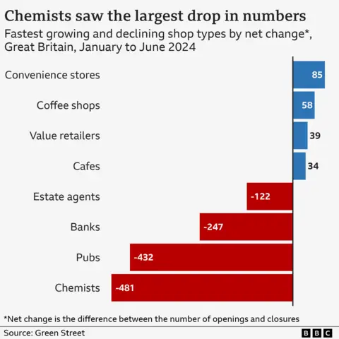 Tommy Lumby/BBC Bar chart showing the net change (difference between the number of openings and closures) for different types of store in Great Britain, for January to June 2024. Convenience stories saw the biggest growth, at 85, followed by coffee shops (58), value retailers (39) and cafes (34). The largest decline was seen in the number of chemists, which fell by 481, followed by pubs (-432), banks (-247) and estate agents (-122).