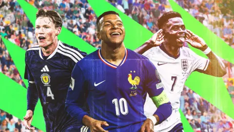 A BBC Sport graphic featuring Scotland's Scott McTominay, France striker Kylian Mbappe and England winger Bukayo Saka