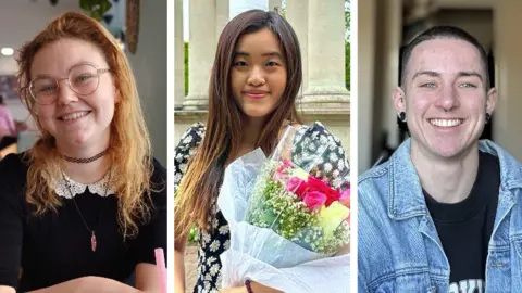 Erica Donnelly, Jessica Tse, Jack Latham Composite pictures each showing one person - two women and a man - smiling. The woman in the centre is holding a bunch of flowers