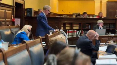 Allinson speaking in the chamber while other members listen on.