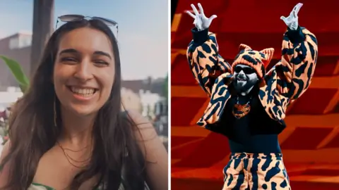 Left, a woman smiles at the camera. Right, the Greek entry dances.