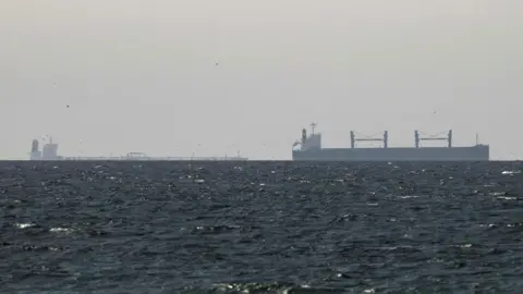 A cargo ship is seen on the horizon in the Gulf, near the Strait of Hormuz