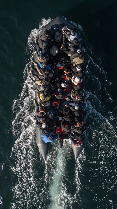 Aerial shot of migrant boat in Channel