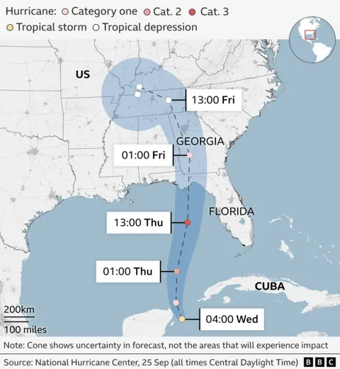 Graphic showing the forecast path of Tropical Storm Helene. As of 04:00 local time Wednesday it was off the coast of Mexico and heading north towards the US. It is due to become a category three hurricane at 13:00 local time on Thursday before making landfall in northern Florida later that day. 