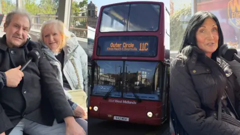 On the left a man wearing a grey winter coat, the woman has blonde hair and a grey coat. they are sitting on a bus with a microphone held in front of them. middle picture is of a red number 11 bus in birmingham. the final picture is of a lady, black hair and coat talking into a microphone.