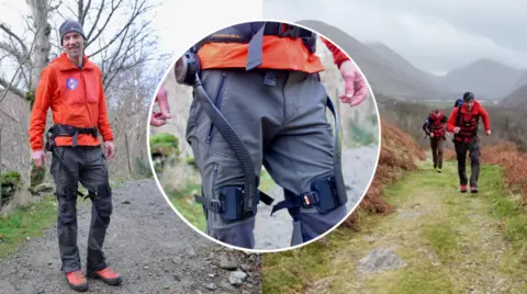 Patterdale Mountain Rescue Team trial trialling out so-called “robot trousers” on the fells. The image is made up of three inset pictures. On the left is a mountain rescue volunteer wearing the robot trousers, which are made up of a belt that goes around the waist, with two sections of plastic going down in thighs and joining two pads tied just above his knees. The machine is fitted over the volunteer's clothing. The central picture is a close up of the robot trousers. The picture of the right shows two mountain rescue volunteers walking up a hill, the one in front is wearing the robot trousers. They are both dressed in walking gear, with a red fleece with the mountain rescue logo.