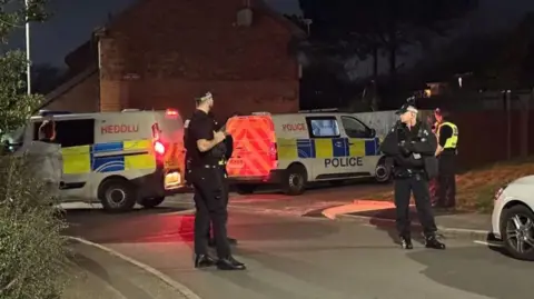 Several uniformed police officers stood on a residential street, at night, with two police vans on the road behind them.