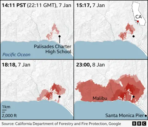 Map showing four stages of the development of the Palisades fire