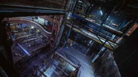 Mark Liddell A scene inside the Citizens Theatre as it undergoes redevelopment. Several parts of the floor are missing and there is scaffolding on many of the upper levels.