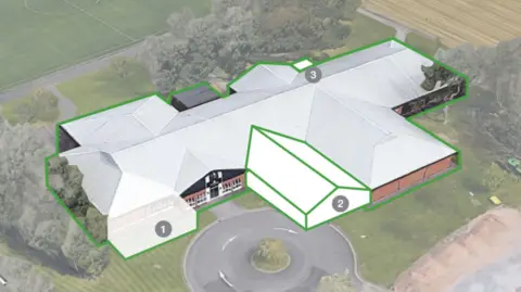 Ryder Architecture / NUFC Aerial view of a large building, with large sections in white being an artist's impression of the new enlarged building.