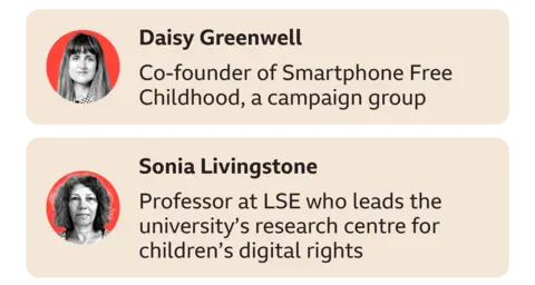 A graphic that introduces the 2  participants. Daisy Greenwell, Co-founder of Smartphone Free Childhood, a run  radical  and Sonia Livingstone, Professor astatine  LSE who leads the university's probe   centre for children's integer  rights. 