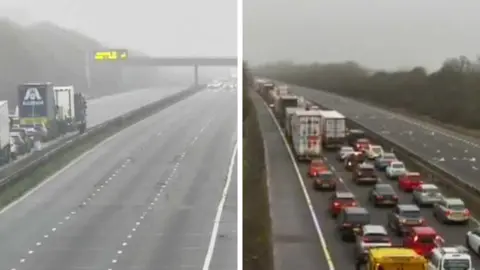 A collage of two images of standstill traffic on the M6 in Warwickshire