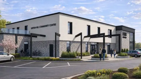 A drawing of a large white building with a stone ground floor, a flat black roof and black poles connected to the outside wall, with a small car park in the foreground